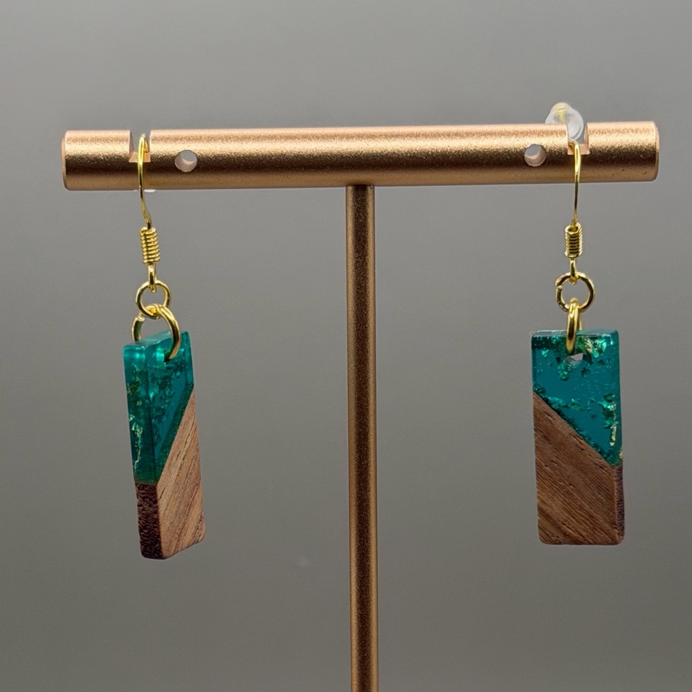 Handmade Teal and Wood Rectangle Drop Earrings - Gold Hooks - Picture 8 of 9